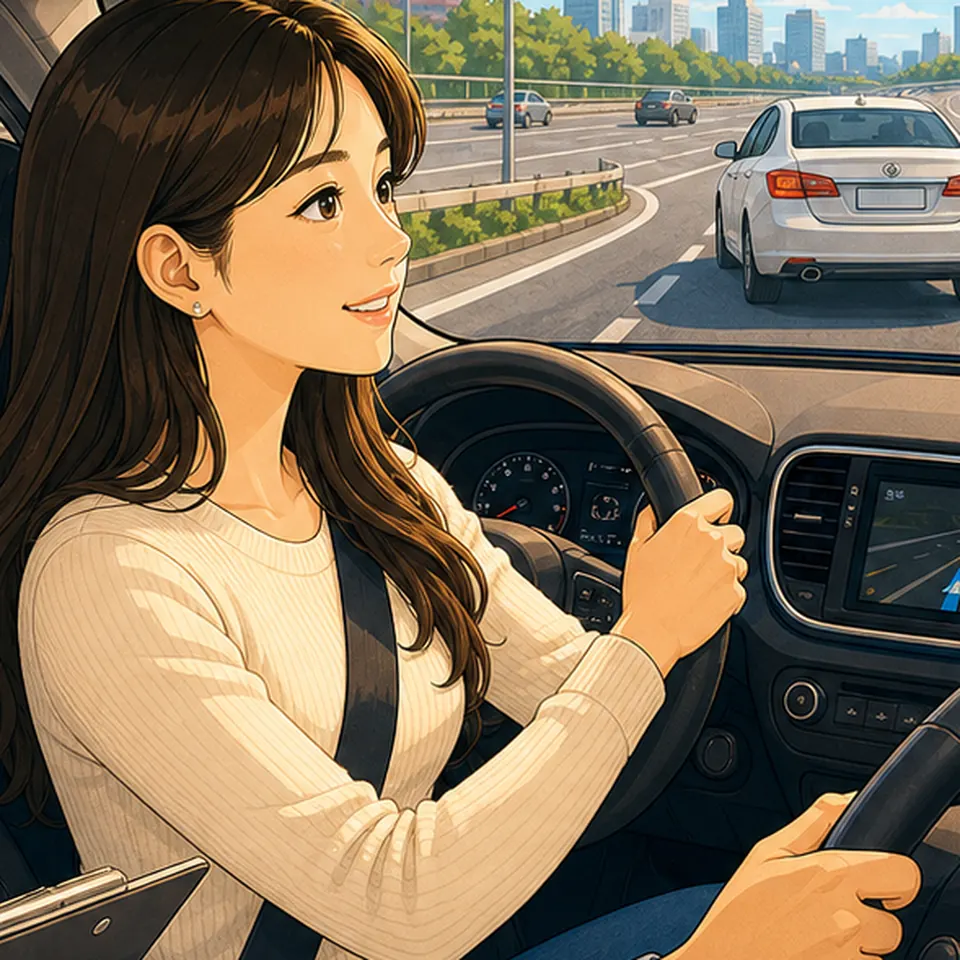 간선도로 차선 흐름을 살피는 운전자 일러스트 · 초보운전연수 학습 안내용 AI 예시